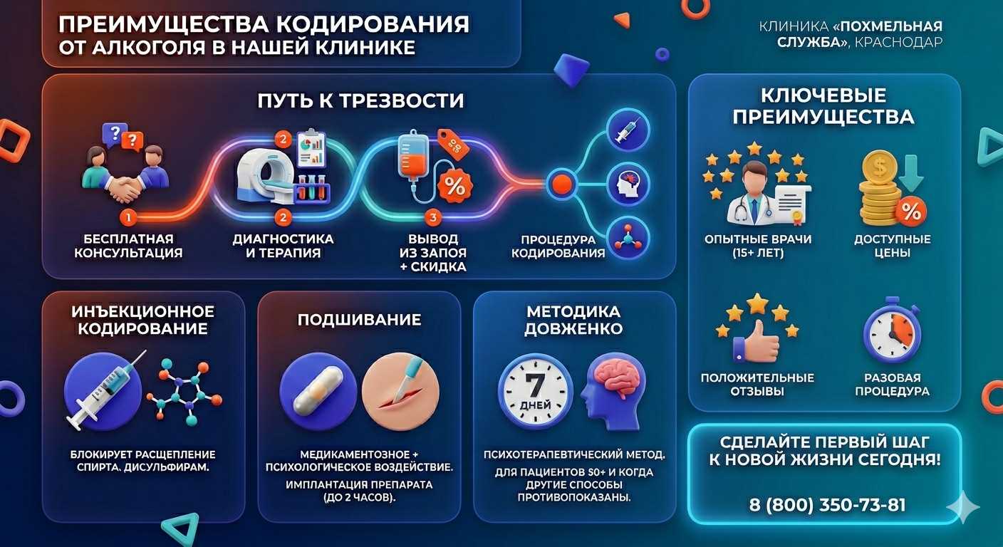 Инфографика о методах кодирования от алкоголя в Юрьевце: инъекции, подшивание, метод Довженко. Преимущества клиники и этапы лечения.