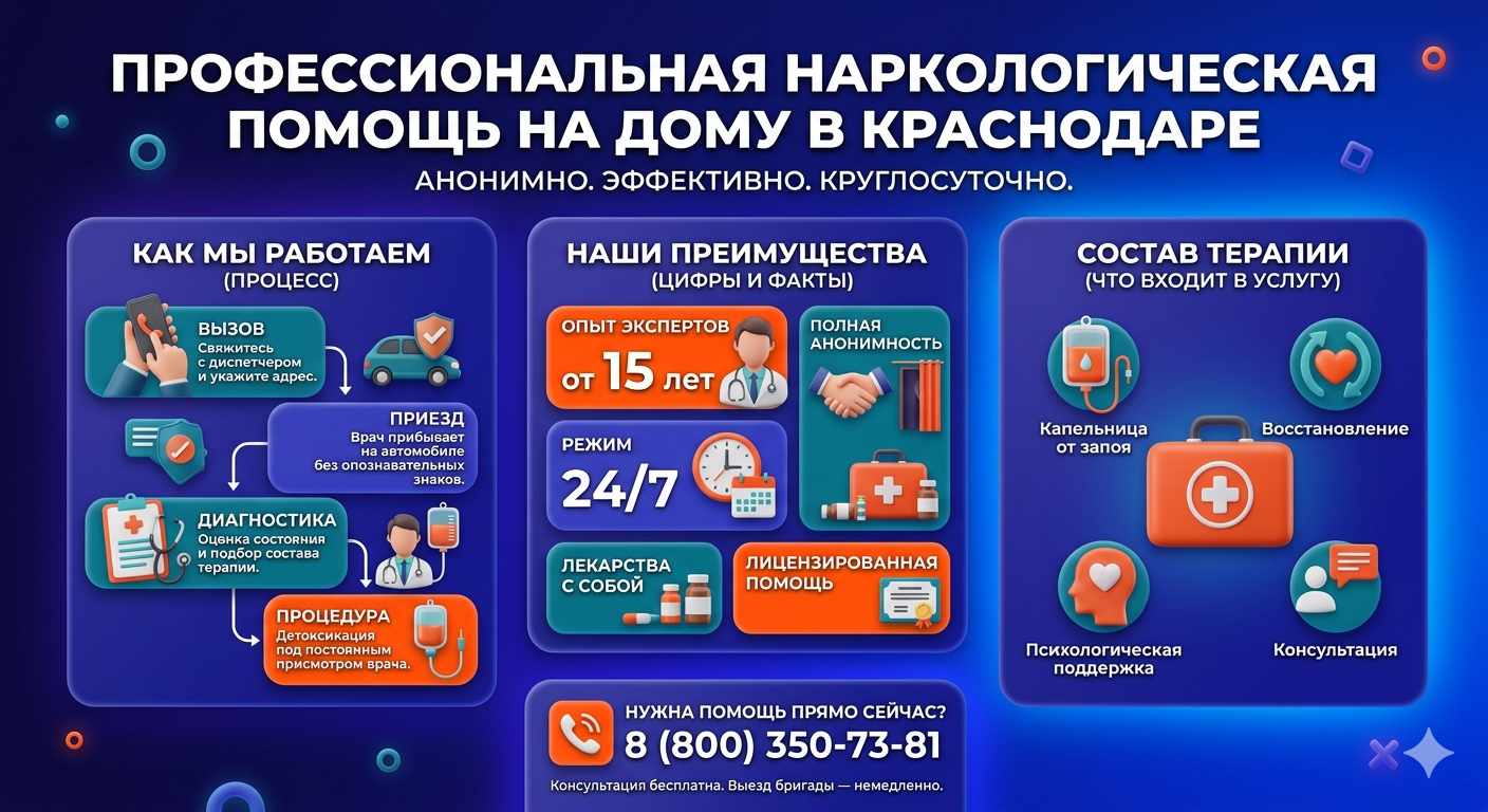 Инфографика о принципах лечения алкоголизма на дому в Юрьевце: этапы вызова нарколога, преимущества анонимной детоксикации и состав медицинской помощи.